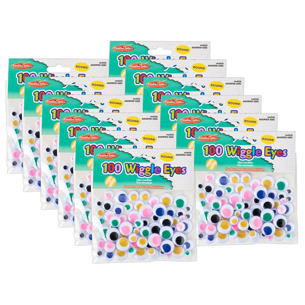 Creative Arts Wiggle Eyes, Round, Assorted Sizes & Colors, 100 Per Pack, 12 Packs - CHL64550-12