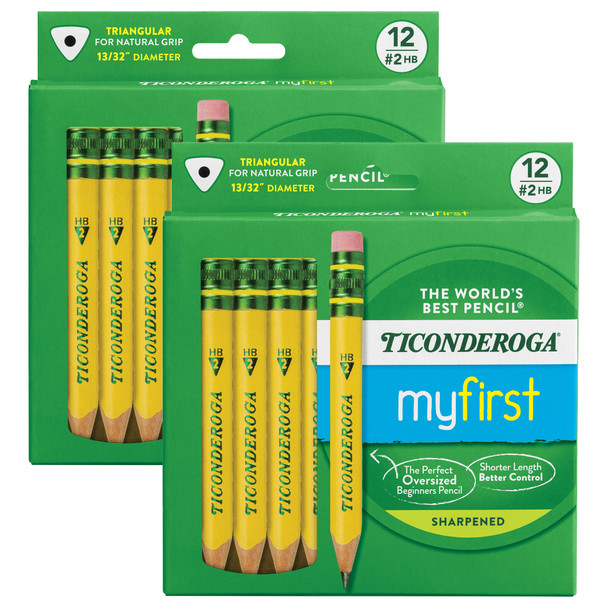 My First Short Wooden Pencils, Large Triangle Barrel, Sharpened, #2 HB Soft, With Eraser, Yellow, 12 Per Pack, 2 Packs