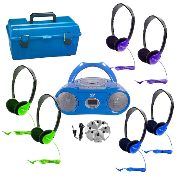 6-Station Listening Center with AudioAce Bluetooth Boombox, 6 Colorful SchoolMate Personal-Sized Headphones, Jackbox & Carry Case