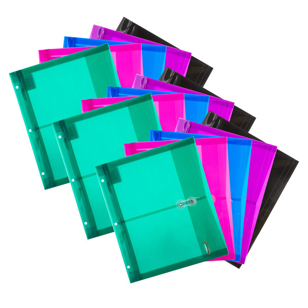 Poly Project Envelopes, 11-1/2" x 9-3/4", 200 Sheet Capacity, Assorted Colors, 5 Per Per Pack, 3 Packs