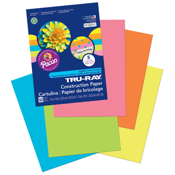Construction Paper, 5 Assorted Hot Colors, 9" x 12", 50 Sheets Per Pack, 6 Packs