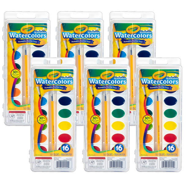 Crayola Washable Watercolors, 16 semi-moist oval pans & brush per set, 6 sets