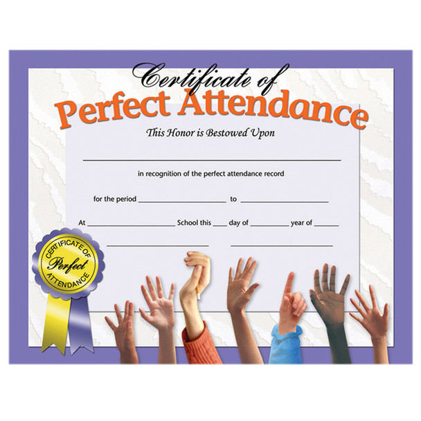 Certificate of Perfect Attendance, 8.5" x 11", Pack of 30 H-VA613