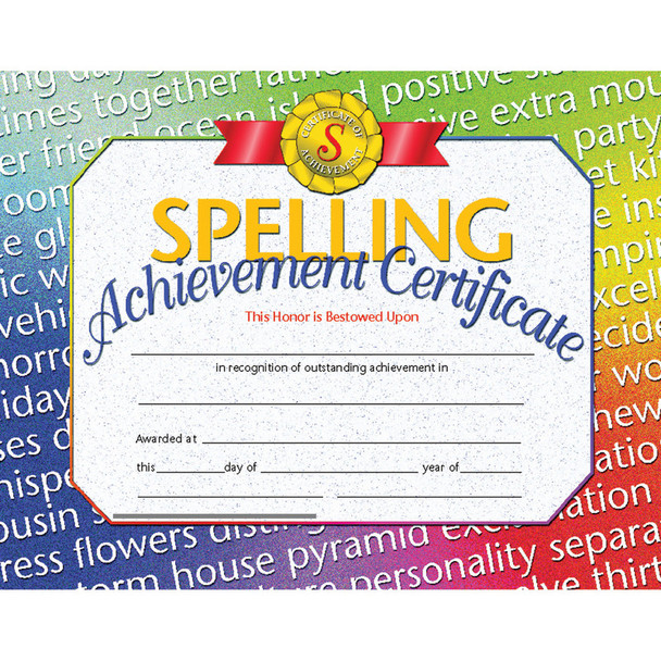 Spelling Achievement Certificate, 8.5" x 11", Pack of 30 H-VA676
