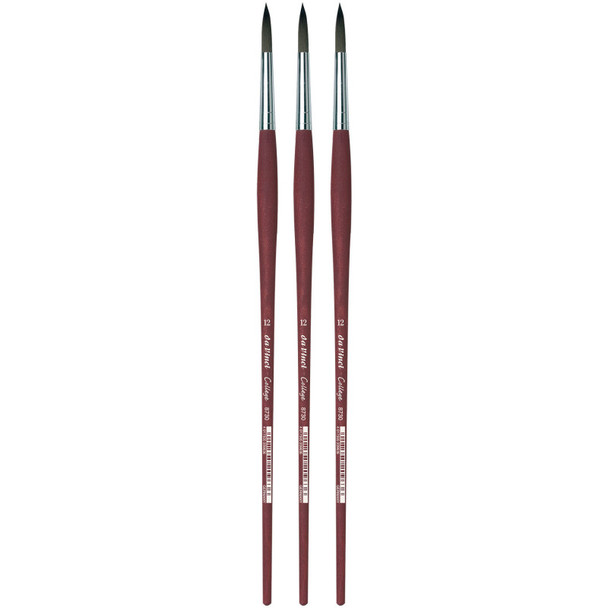 COLLEGE Student Brush, Synthetic, Acrylic & Oil, Round, Series 8730, Size 12, Pack of 3