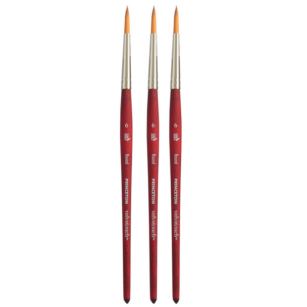 Velvetouch Round Brush, Synthetic Bristles, Short Handle Mixed Media Paintbrush, Scarlet, Size 6, Pack of 3