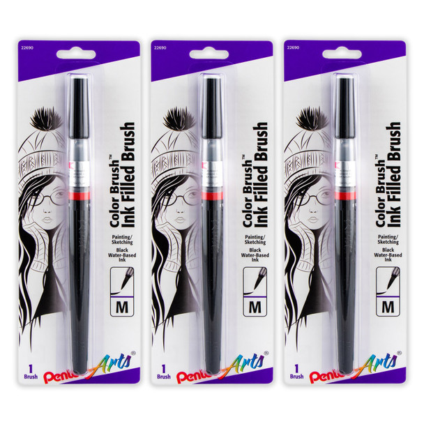 Color Brush with Water-Based Ink, Medium Tip, Black, Pack of 3