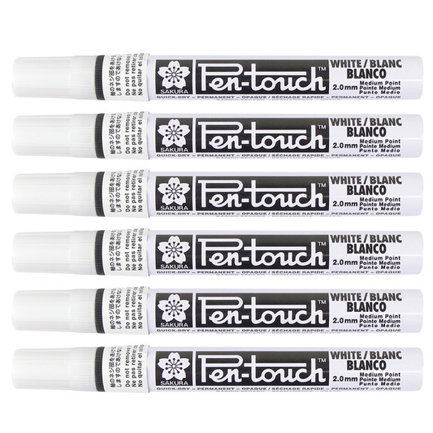 Pen-Touch Markers, 2.0mm Medium, White, Pack of 6