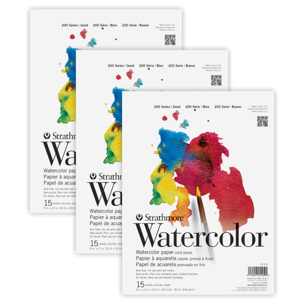 200 Series Watercolor Pad, Tape Binding, 15 Sheets, 9x12 inch, Pack of 3