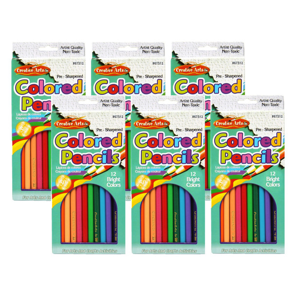 Pre-Sharpened Colored Pencils, Assorted Colors, 7 Inches, 12 Per Pack, 6 Packs