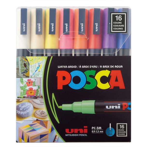 uni® POSCA PC-3M Water-Based Paint Markers, Reversible Fine Tip (0.9-1.3mm), Assorted Colors, 16 Pack