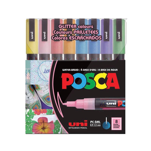 uni® POSCA PC-3ML Water-Based Glitter Paint Markers, Reversible Fine Tip (0.9-1.3mm), Assorted Colors, 8 Pack