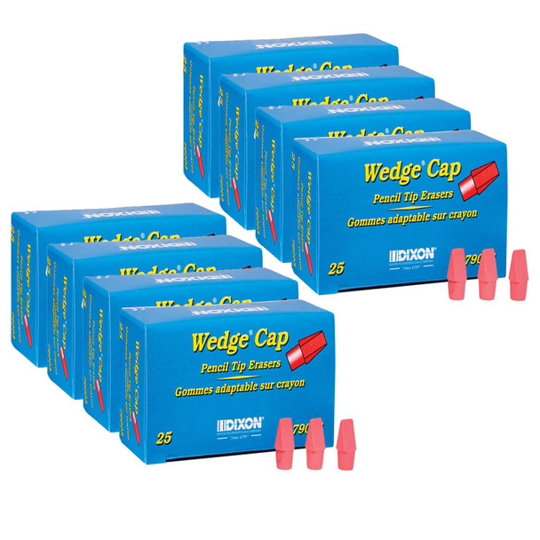 Wedge Pencil Cap Erasers, Pink, 25 Per Pack, 8 Packs
