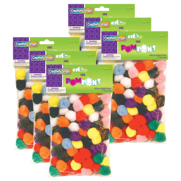 Pom Pons, Bright Hues Assortment, 1", 100 Per Pack, 6 Packs
