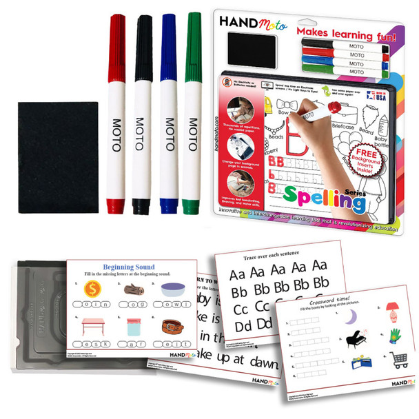 Dry-Erase Learning Board, 4 Markers, 10 Activity Sheets - Spelling Series