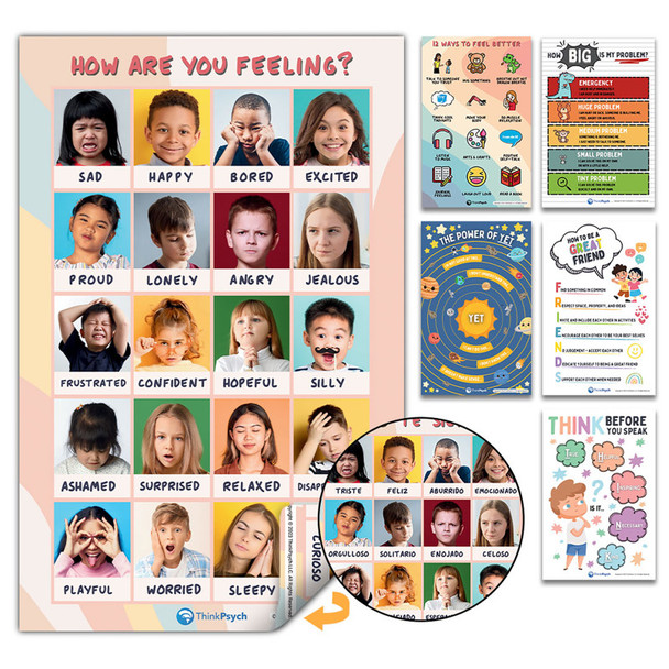 Laminated Feelings & Life Skills Posters for Kids, 11" x 17", English & Spanish, Set of 6