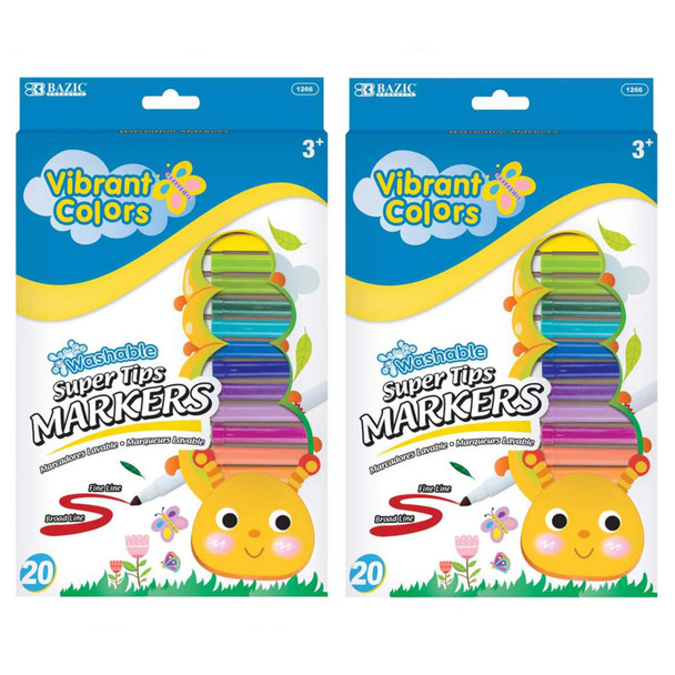 Super Tip Washable Markers, Fine Line, 20 Colors Per Pack, Pack of 2
