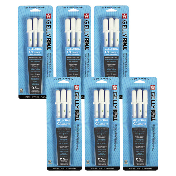Gelly Roll Classic Gel Ink Pens, 10 Bold, White, 3 Per Pack, 6 Packs