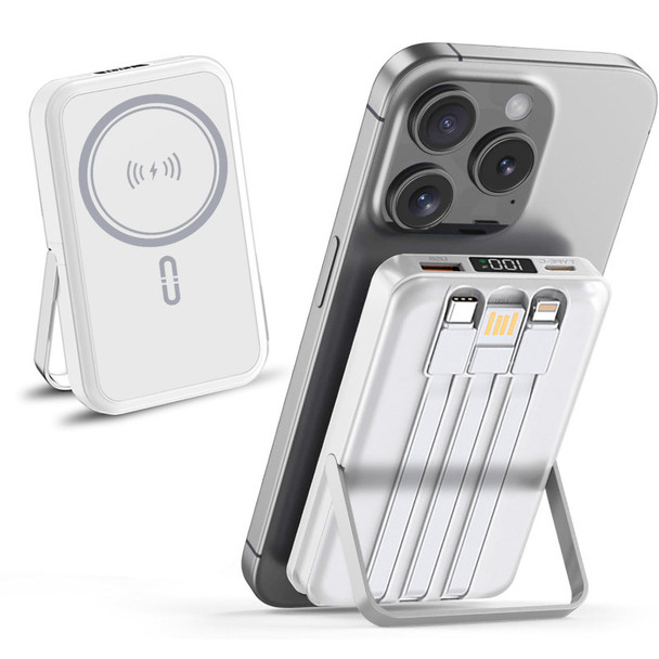 10,000mAh Magnetic Wireless Power Bank with Metal Stand + Built-in Cables, White
