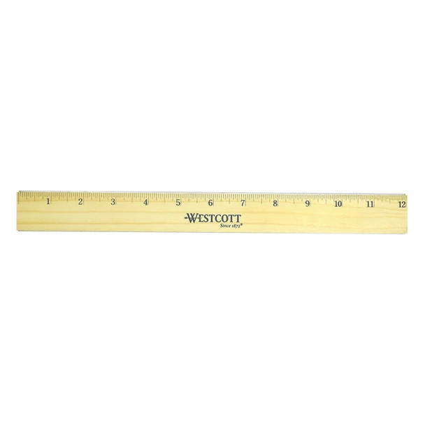 Flat Wood Ruler With Two Double Brass Edges, Standard/Metric, 12 in, Clear Lacquer Finish