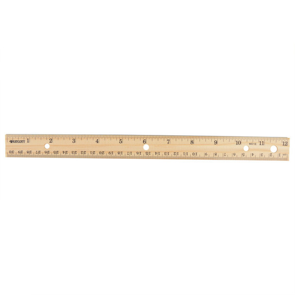 Three-Hole Punched Wood Ruler, Standard/Metric, 12 in (30 Cm) Long, Natural Wood, 36 Per Pack