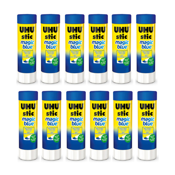 UHU Stic Magic Blue Glue Stick, Dries Clear, 40 g, Pack of 12