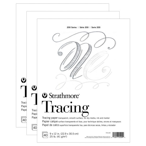 200 Series Tracing Paper Pad, Tape Binding, 40 Sheet, 9x12 inch, Pack of 3
