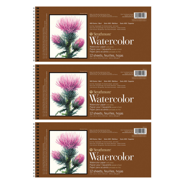 400 Series Watercolor Paper Pad, Cold Pressed, Tape Binding, 12 Sheet, 6x12 inch, Pack of 3