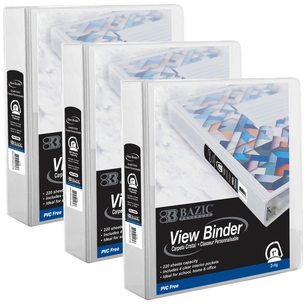 PVC-Free Slant-D Ring View Binder with 4-Pockets, 1", White, Pack of 3