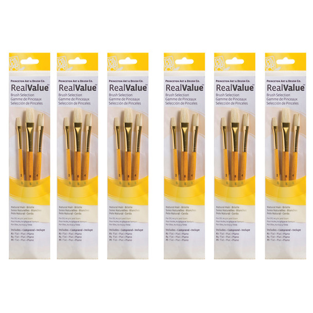 RealValue Brush Set, Natural Bristles, Short Handle Mixed Media Paintbrush, Yellow, 3 Per Set, 6 Sets