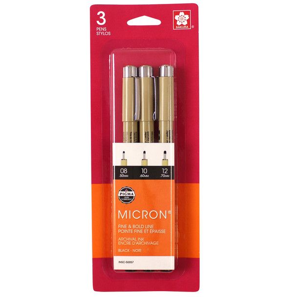 Pigma Micron Pens, Black, Assorted Sizes, 3-Piece Set, Blister Card