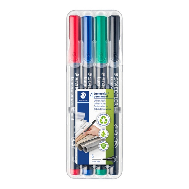 Lumocolor Permanent Pens, Superfine 0.4 mm, Assorted Colors, Set of 4