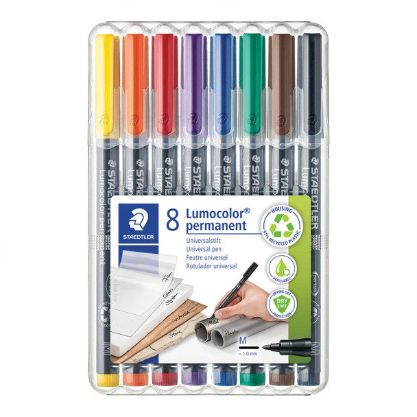 Lumocolor Permanent Pens, Medium 1.0 mm, Assorted Colors, Set of 8