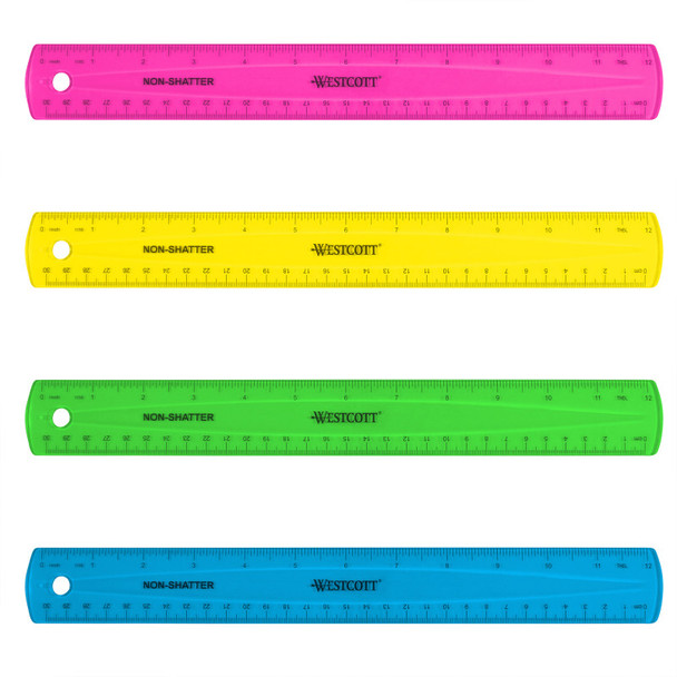 Non-Shatter Flexible Ruler, Standard/Metric, 12 in (30 Cm) Long, Plastic, Asst Colors, 12 Per Pack