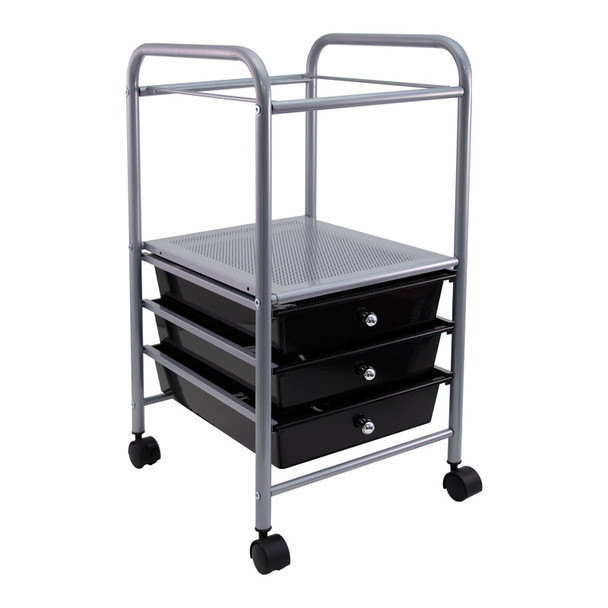 Slim-Profile Mobile File Cart with 3 Drawers, Black and Silver, Rolling Storage Organizer