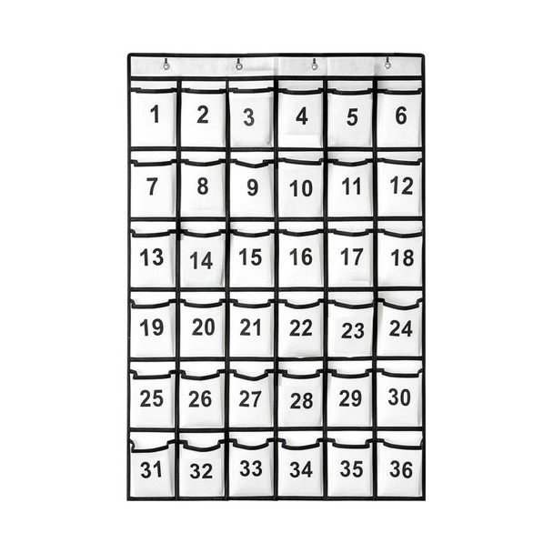 Hanging Classroom Cell Phone Organizer, 36 Numbered Pockets, Wall & Door Storage Holder, White/Black Trim