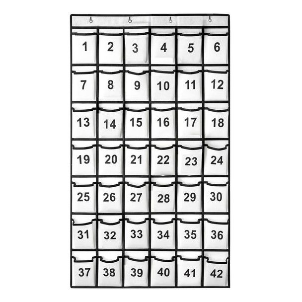 Hanging Classroom Cell Phone Organizer, 42 Numbered Pockets, Wall & Door Storage Holder, White/Black Trim