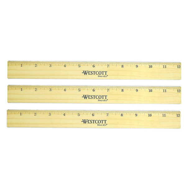 Flat Wood Ruler With Two Double Brass Edges, Standard/Metric, 12 in, Clear Lacquer Finish, Set of 3