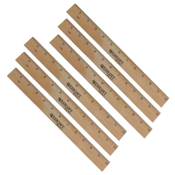 Wood Ruler, Metric and 1/16 in Scale With Single Metal Edge, 12 in Long, Set of 6