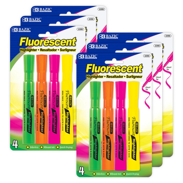Desk Style Fluorescent Highlighters, 4 Per Pack, 6 Packs