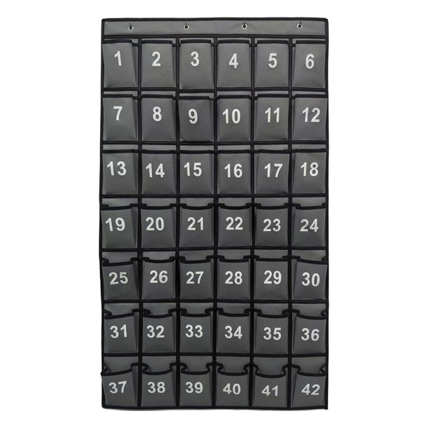Hanging Classroom Cell Phone Organizer, 42 Numbered Pockets, Wall & Door Storage Holder, Grey/Black Trim
