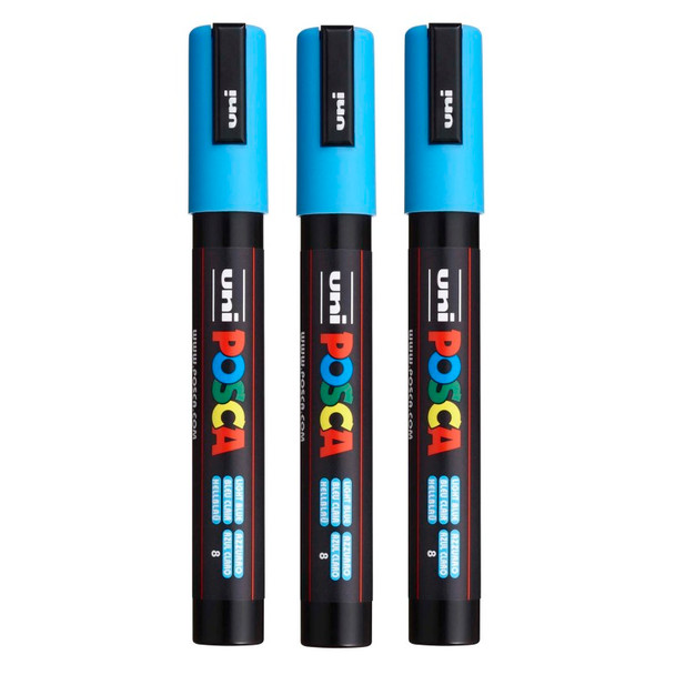 uni® PC-5M Water-Based Paint Markers, Reversible Medium Tip (1.8-2.5mm), Light Blue, Set of 3
