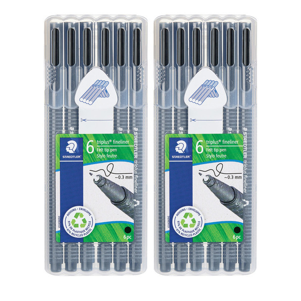 Triplus® Fineliner Pens, Superfine 0.3 mm, Black, 6 Per Pack, 2 Packs