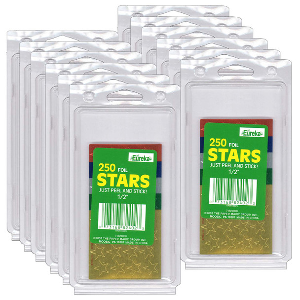 Presto-Stick Foil Star Stickers, 1/2", Assorted Colors, 250 Per Pack, 12 Packs