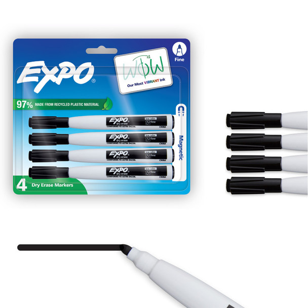 Magnetic Dry Erase Markers with Eraser, Black, Fine Tip, 4 Count