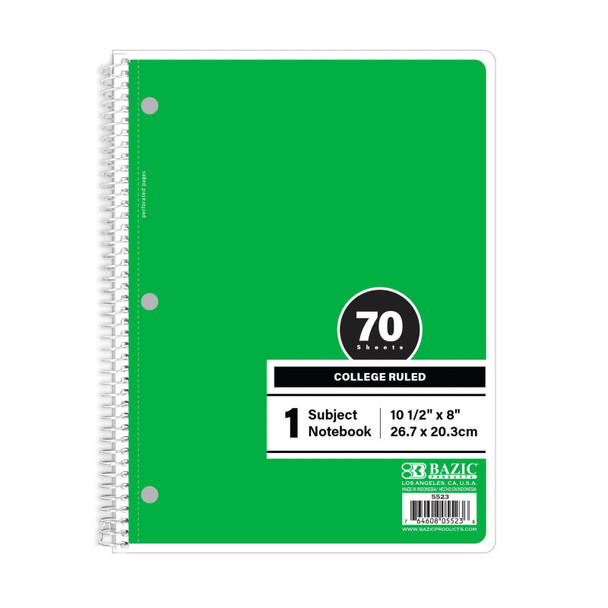 1-Subject Spiral Notebook, College Ruled, 70 Count, Green