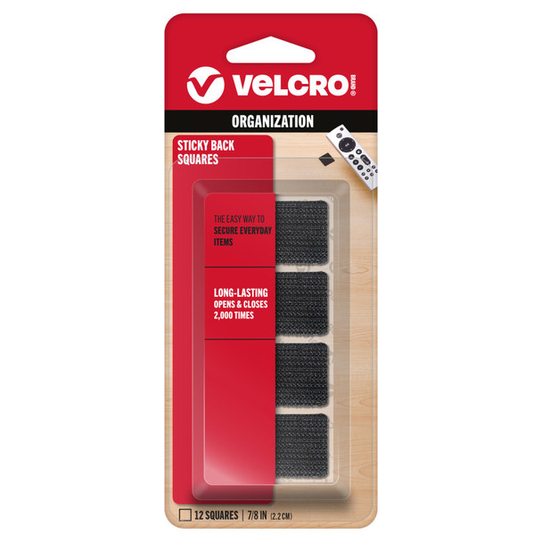 Sticky Back Hook and Loop Squares, 7/8 in Squares, Black, 12 Count