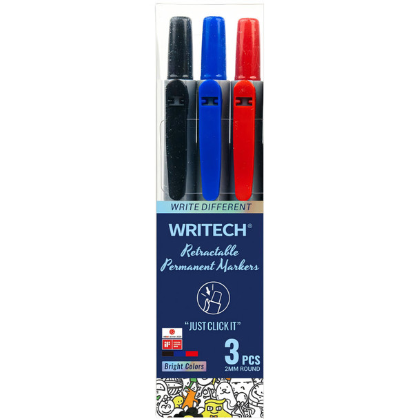 Retractable Permanent Markers, Assorted Colors, Fine Point, 3-Pack