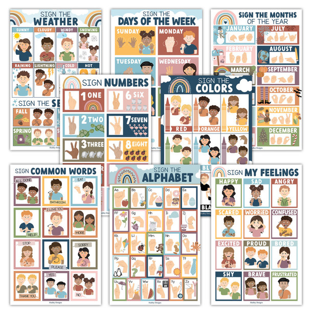 Boho Rainbow ASL Educational Posters, 11 x 17 in, 8-Pack