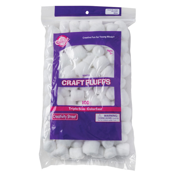 Triple-Size Craft Fluffs, White, 1 in, 100 Pieces